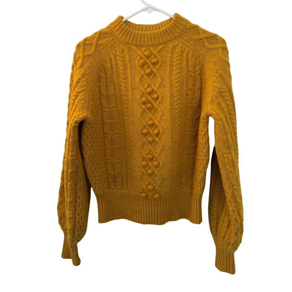 DemyLee x J.Crew‎ Mustard Yellow Cable Knit Bobble Puff Sleeve Wool Sweater XS